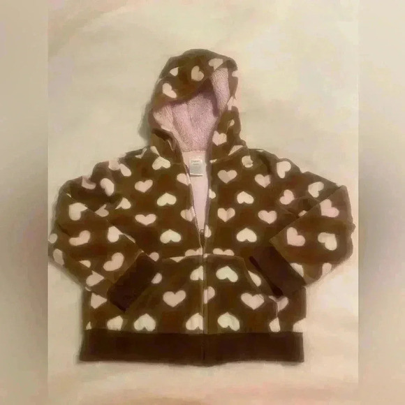 Gymboree Girls Hoodie in brown with pink & white hearts. Girls size small 5-6 - Picture 1 of 7